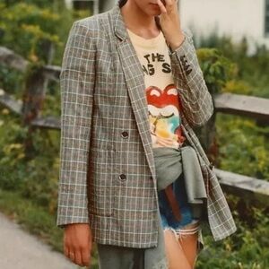 Anthropologie Maeve Lilith Gray Plaid Relaxed Fit Boho Blazer Jacket Sz 0